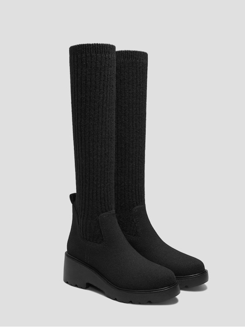 Vivaia Eduarda Round Toe Knee High Wool Wedge Platform Boots Black Size US 9 - Picture 2 of 11
